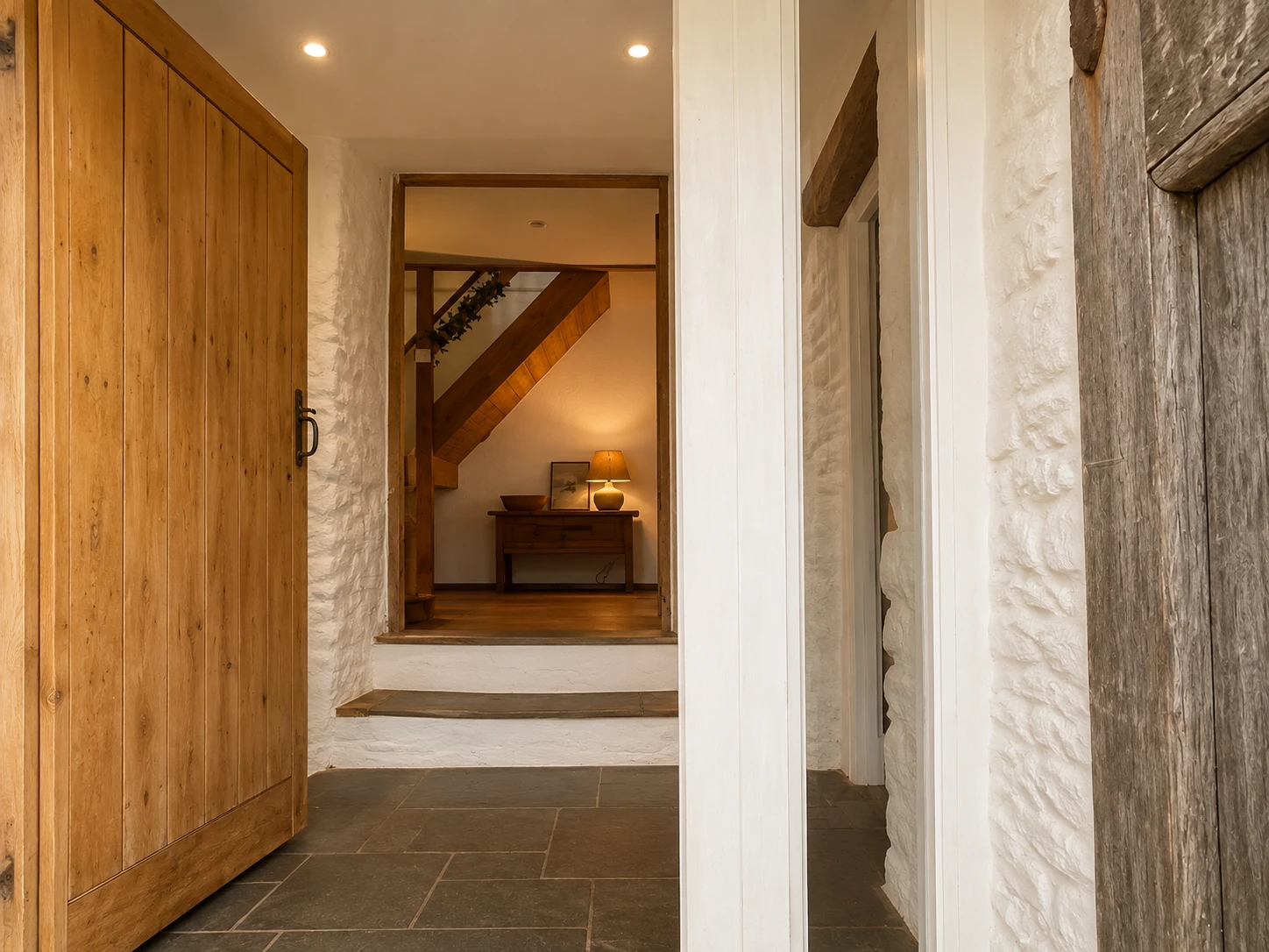 The oak-doored entrance hall of the farmhouse
